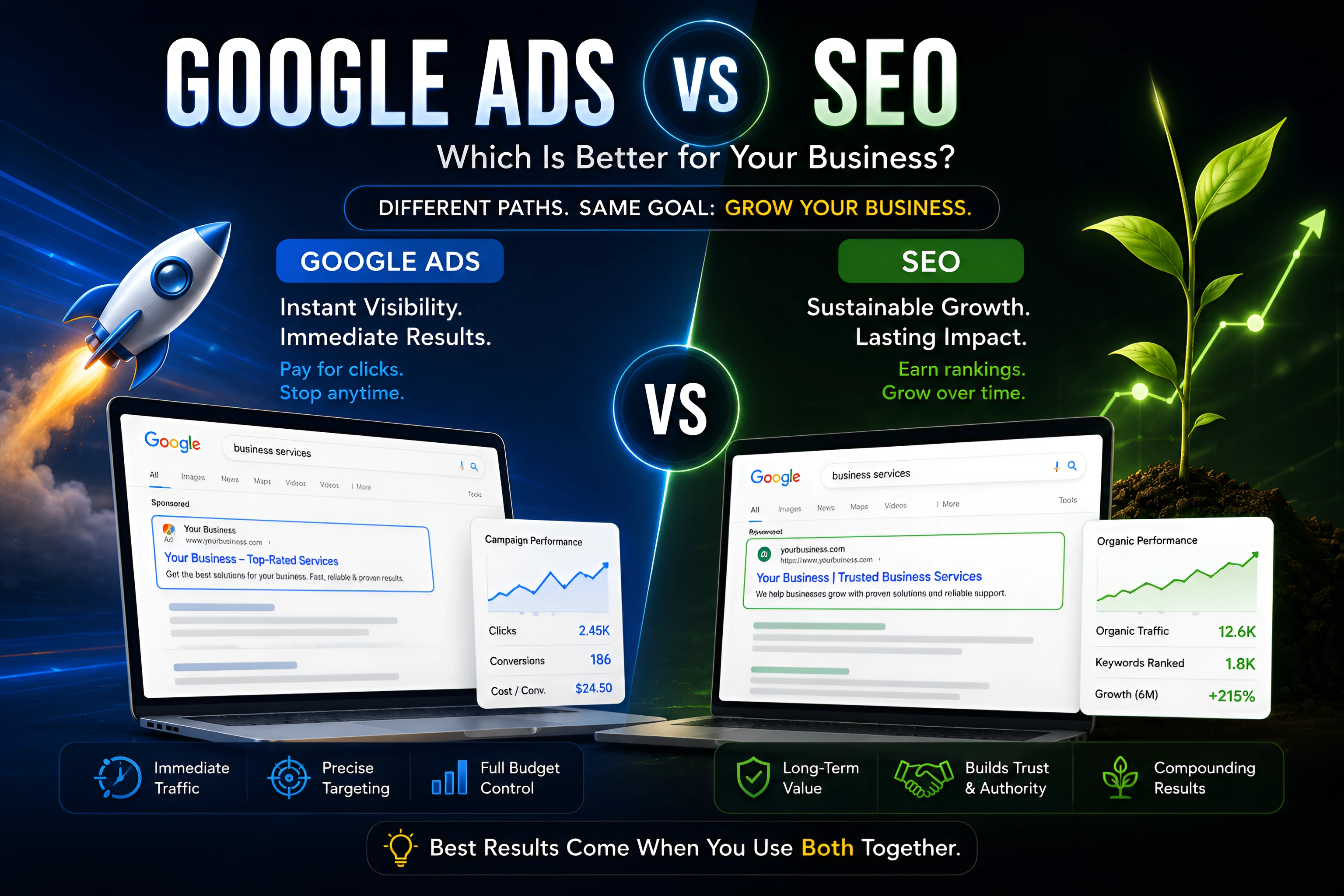 Abstract split composition representing paid and organic search